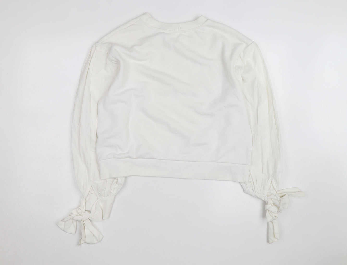 H&M Women’s White Puff Sleeve Bow Detail Cotton Jumper Size 12