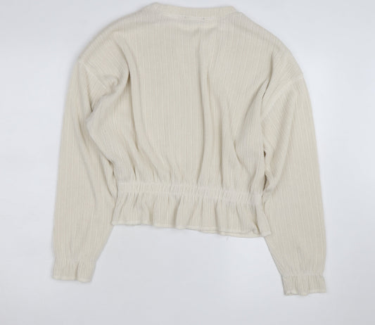 Zara Women Ivory Crew Neck Ribbed Knit Pullover Jumper Size 8