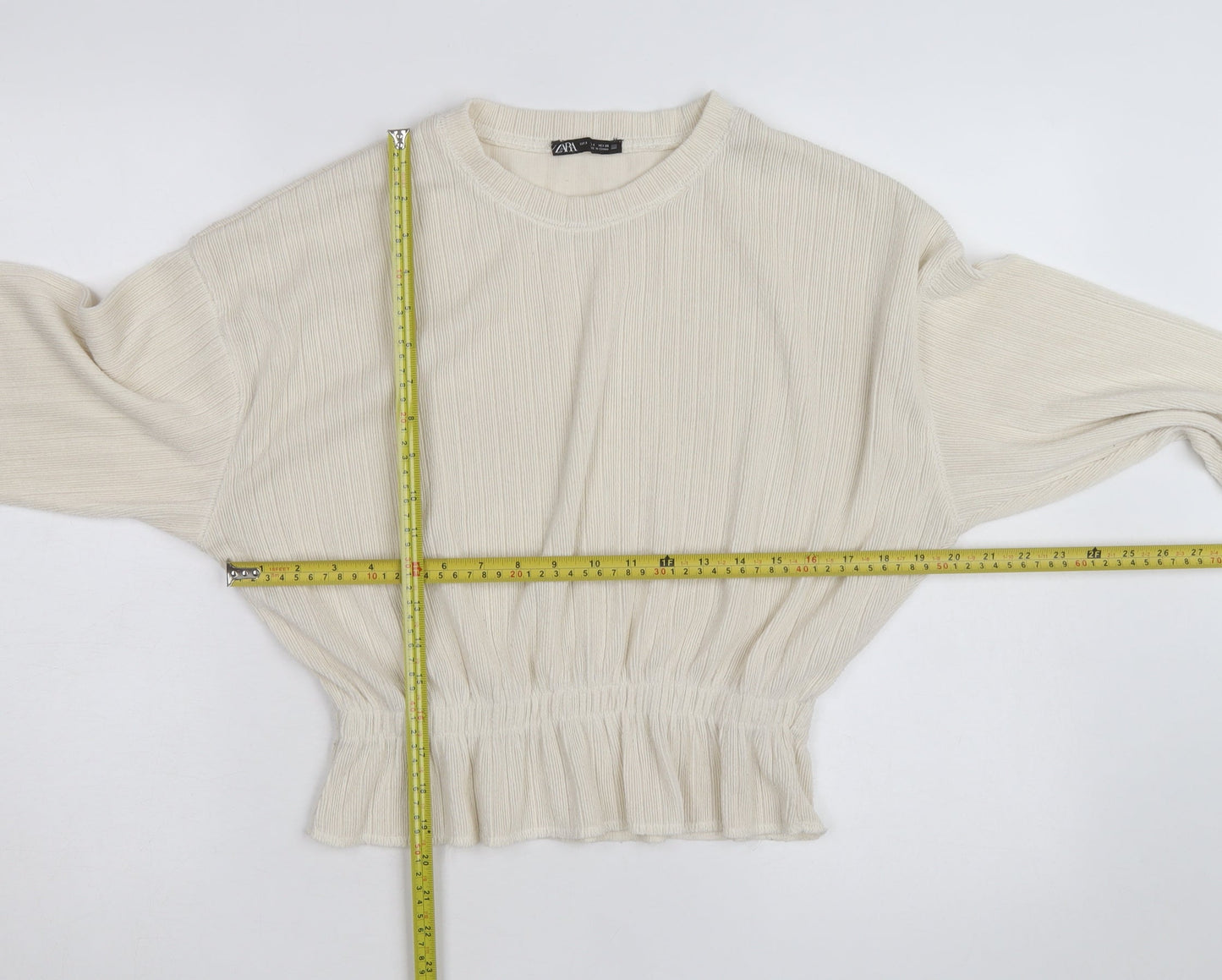 Zara Women Ivory Crew Neck Ribbed Knit Pullover Jumper Size 8