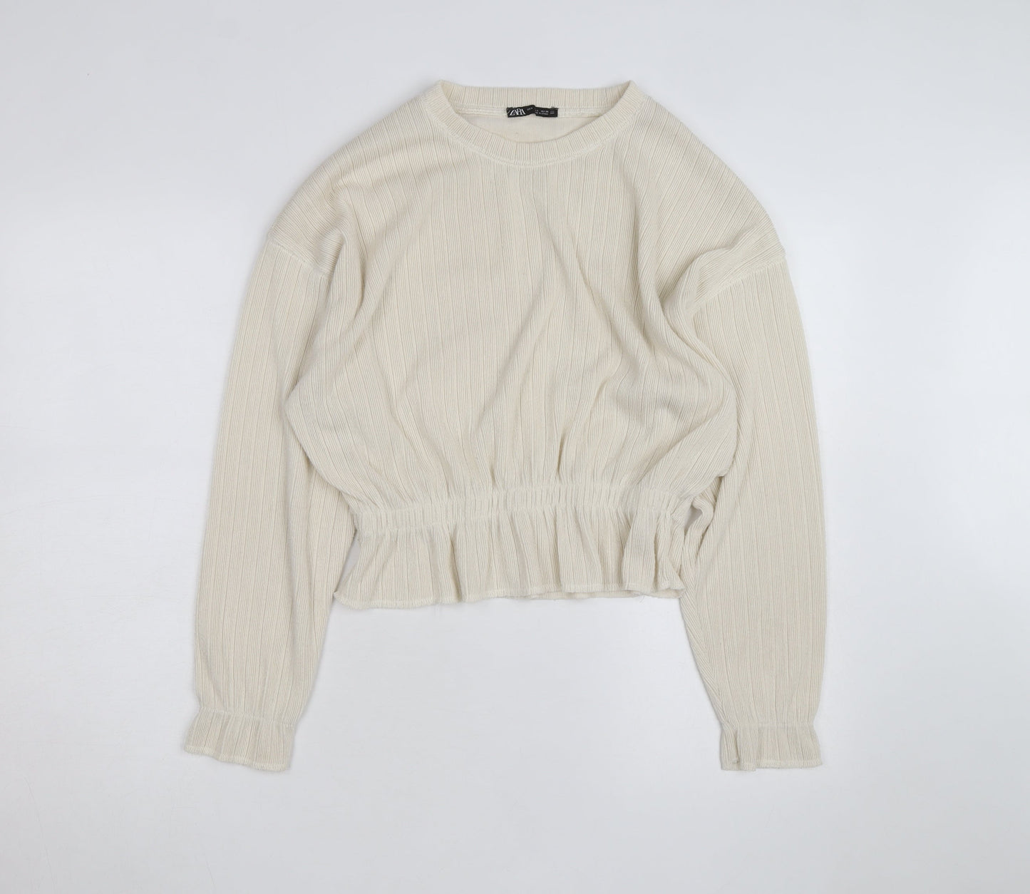 Zara Women Ivory Crew Neck Ribbed Knit Pullover Jumper Size 8