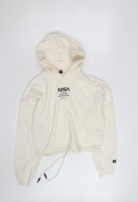 Preloved H&M Divided Women’s Beige NASA Cropped Hoodie Size S Drawstring Hem - Front