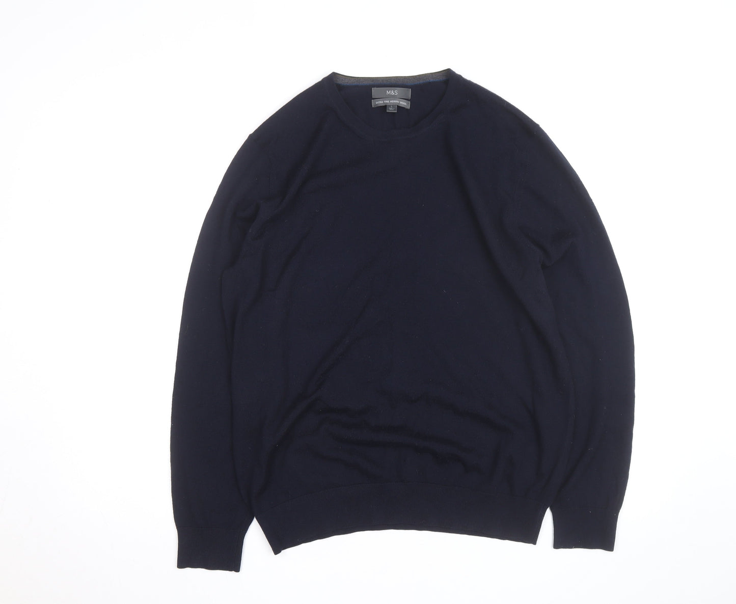 Marks and Spencer Men's Blue Merino Wool Crew Neck Jumper L