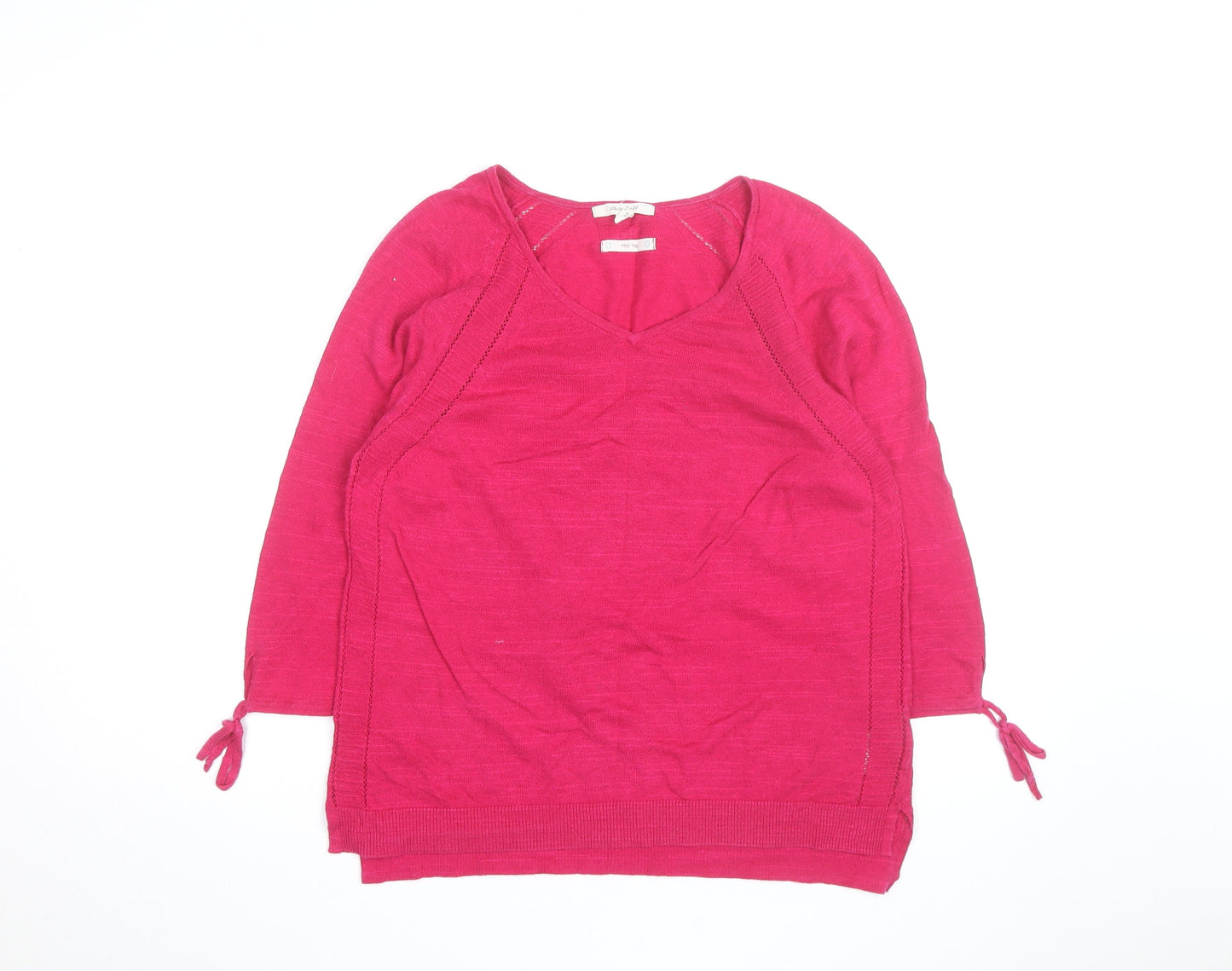 White Stuff Women's Pink V-Neck 3/4 Sleeve Cotton Pullover Jumper Size 12