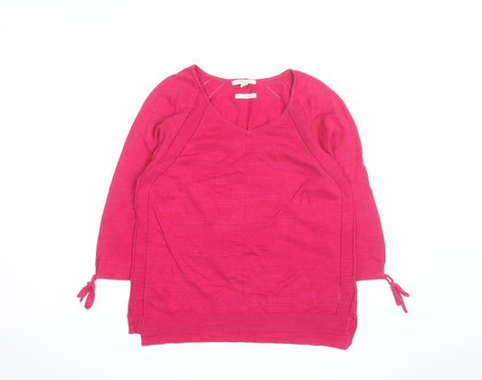 White Stuff Women's Pink V-Neck 3/4 Sleeve Cotton Pullover Jumper Size 12