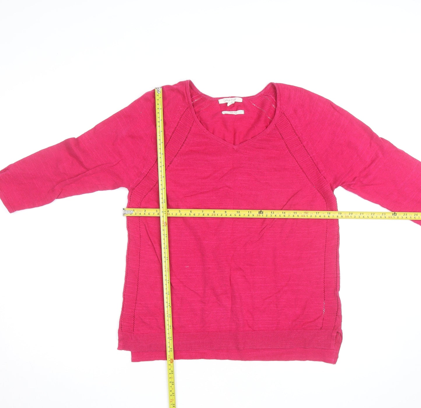 White Stuff Women's Pink V-Neck 3/4 Sleeve Cotton Pullover Jumper Size 12