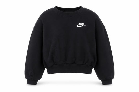 Front view of Nike girls’ black pullover fleece sweatshirt, size 8-9, years regular fit