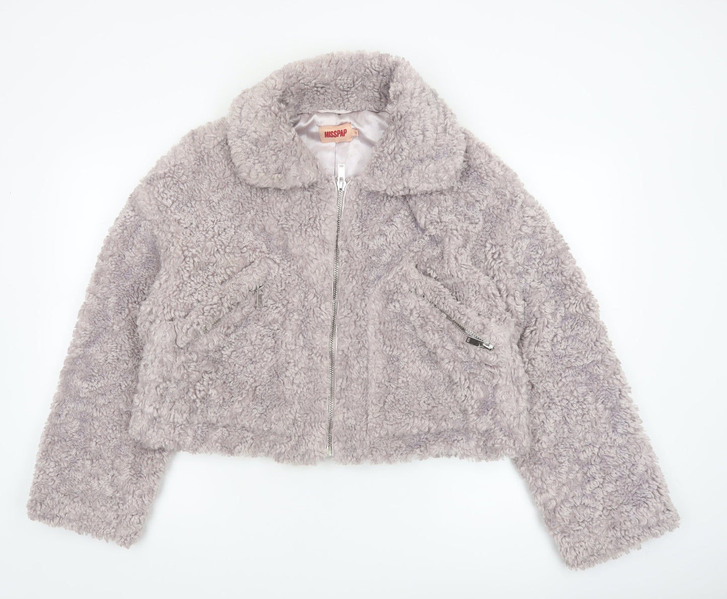 Misspap Women’s Grey Faux Shearling Cropped Bomber Jacket Size 12