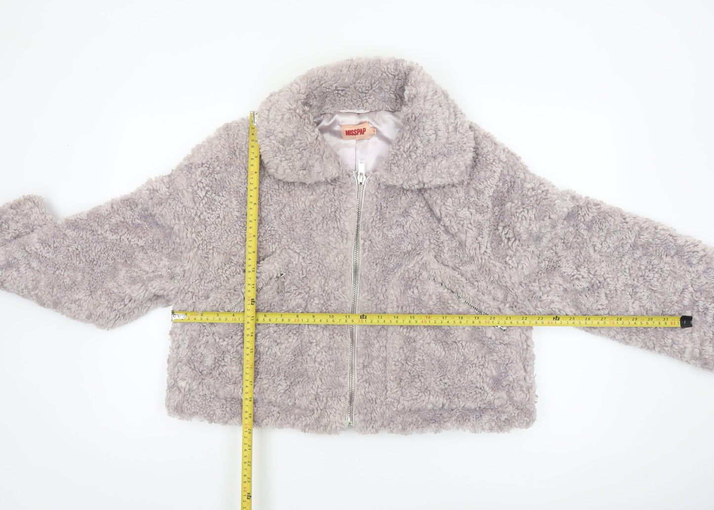 Misspap Women’s Grey Faux Shearling Cropped Bomber Jacket Size 12