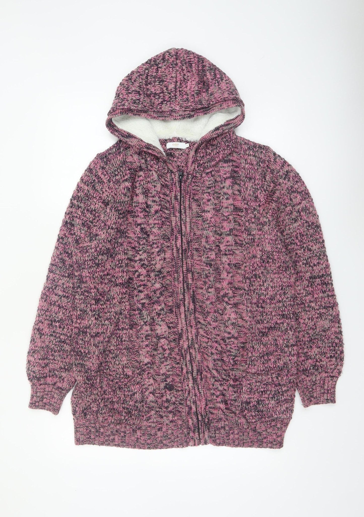 Cotton Traders Womens Pink Hooded Full Zip Knit Jumper Size 16