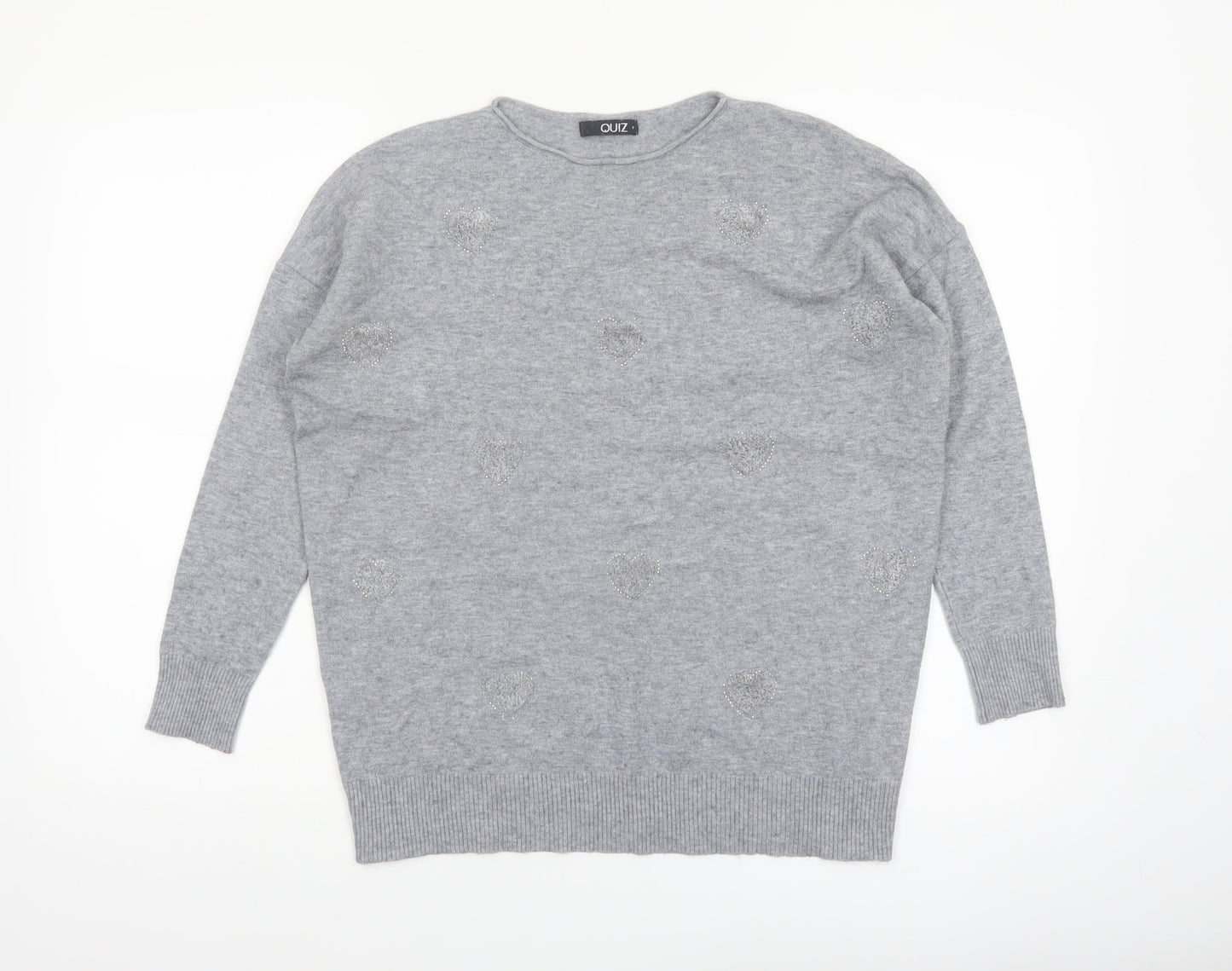 Quiz Women's Grey Beaded Crew Neck Long Sleeve Pullover Jumper Size S