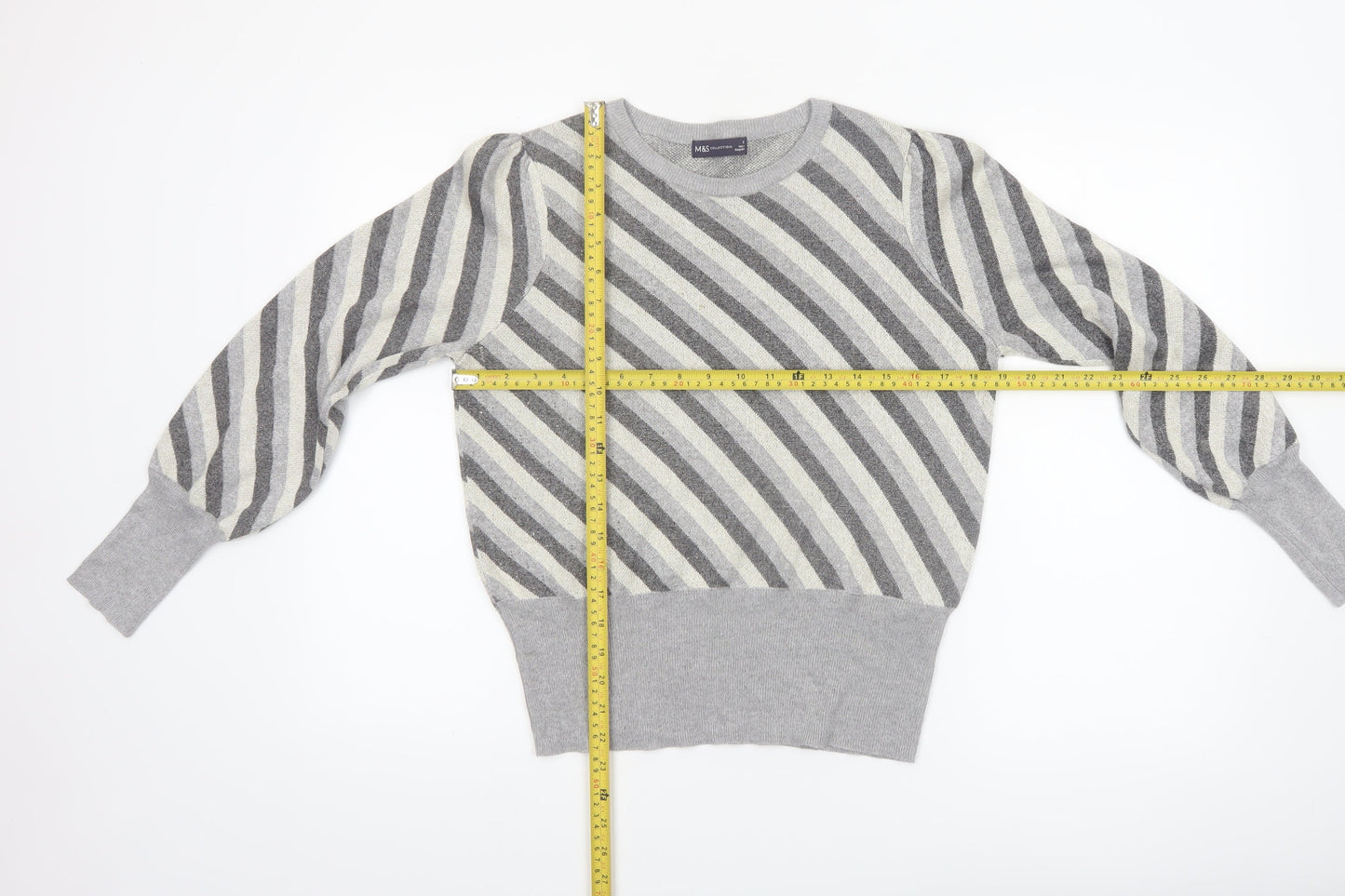 Marks and Spencer Womens Grey Striped Crew Neck Jumper Size 12