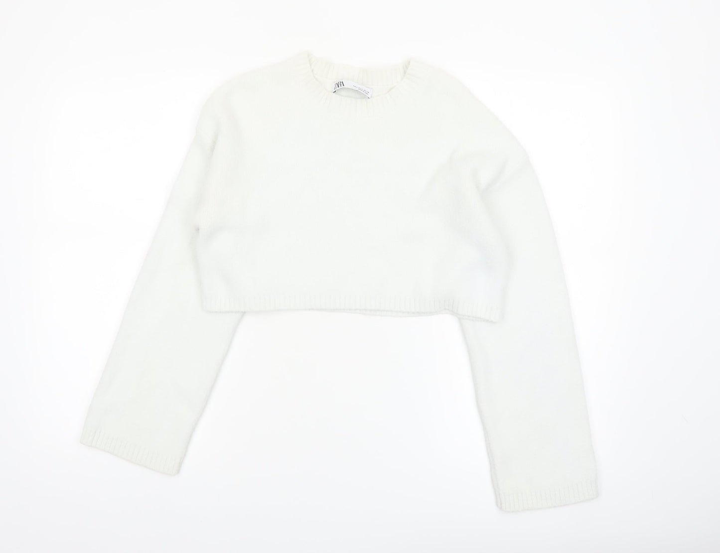 Zara Women White Crew Neck Cropped Knit Jumper Size 8