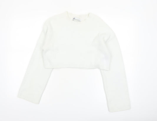 Zara Women White Crew Neck Cropped Knit Jumper Size 8