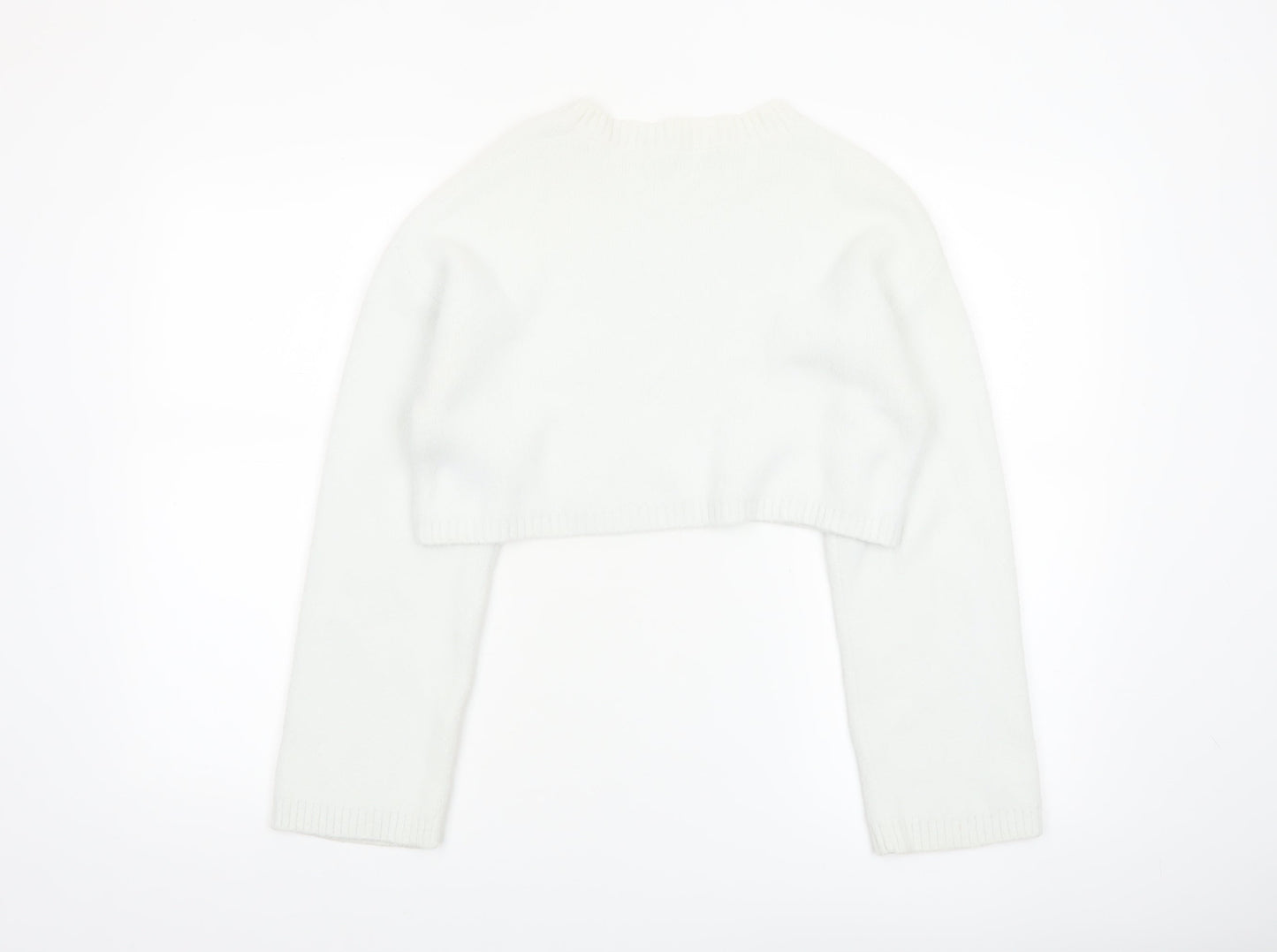 Zara Women White Crew Neck Cropped Knit Jumper Size 8
