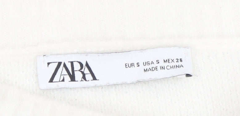 Zara Women White Crew Neck Cropped Knit Jumper Size 8