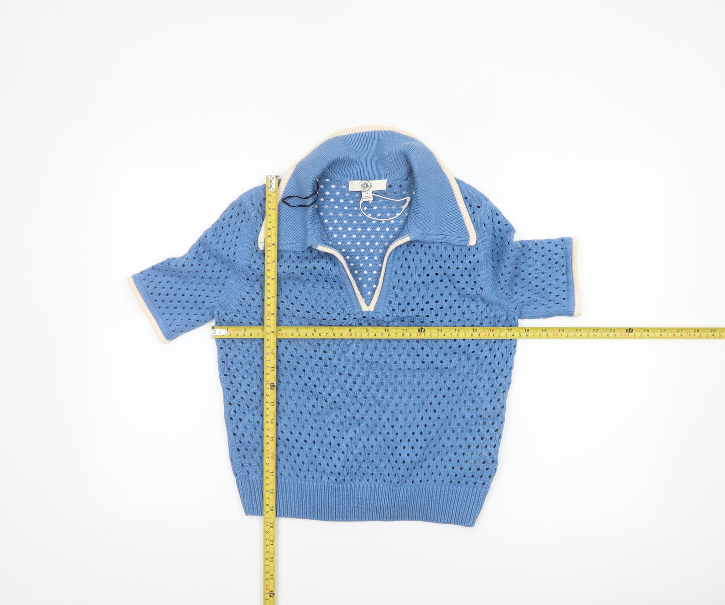 Marks and Spencer Womens Blue Collared Open-Knit Pullover Jumper XS