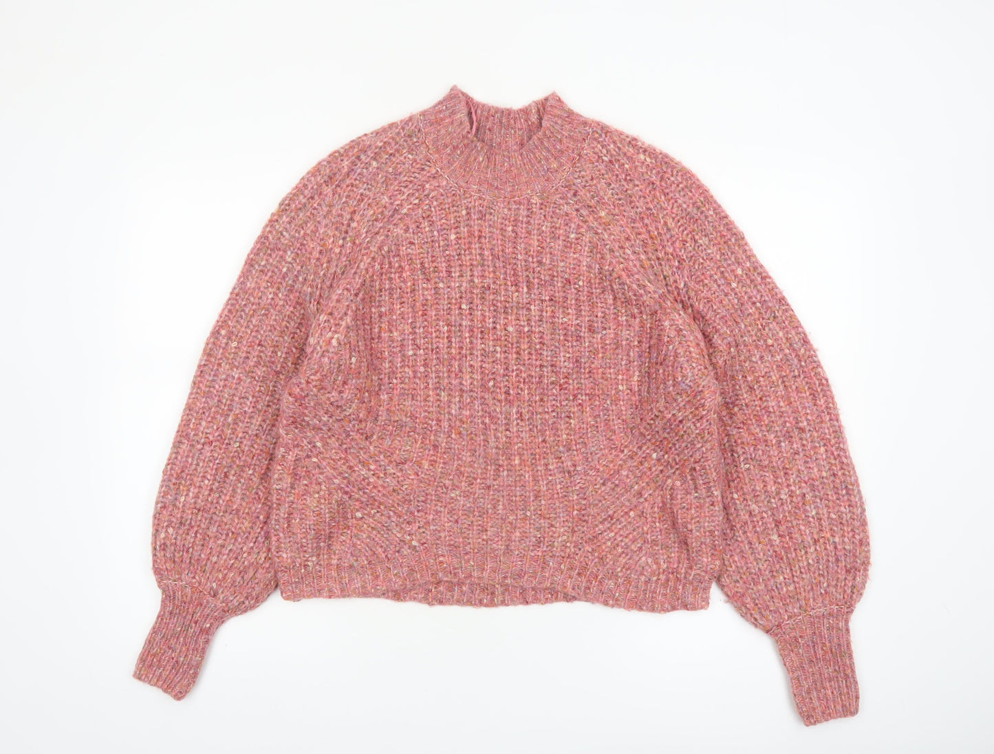 Next Women Pink High Neck Chunky Knit Wool Blend Jumper Size 8