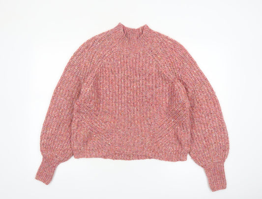 Next Women Pink High Neck Chunky Knit Wool Blend Jumper Size 8