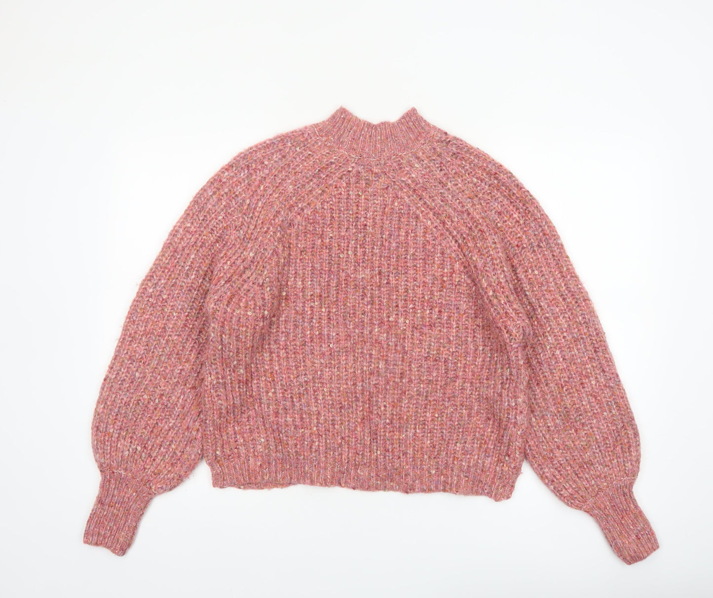 Next Women Pink High Neck Chunky Knit Wool Blend Jumper Size 8