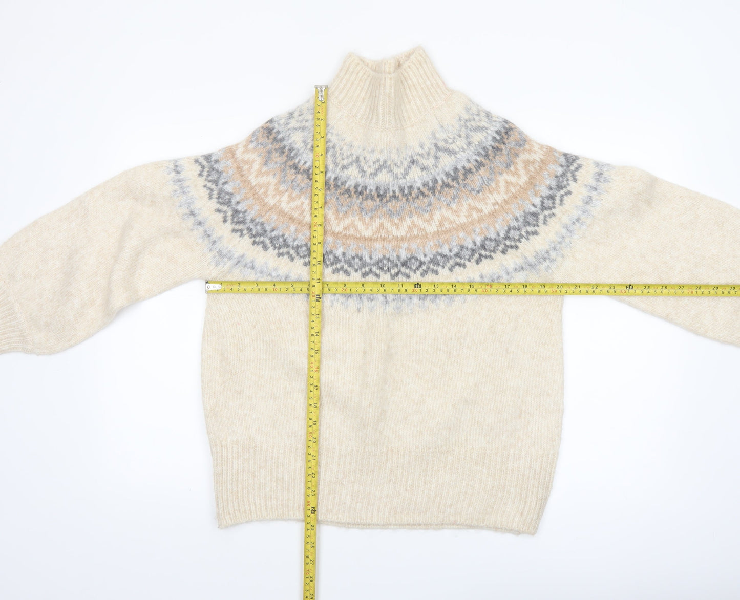 Marks and Spencer Women Oatmeal Fair Isle Mock Neck Jumper Size M