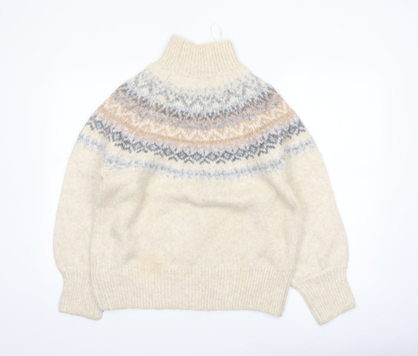 Marks and Spencer Women Oatmeal Fair Isle Mock Neck Jumper Size M