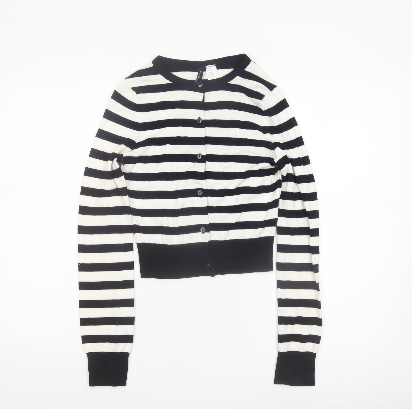 H&M Divided Womens Black White Striped Cardigan XXS Crew Neck