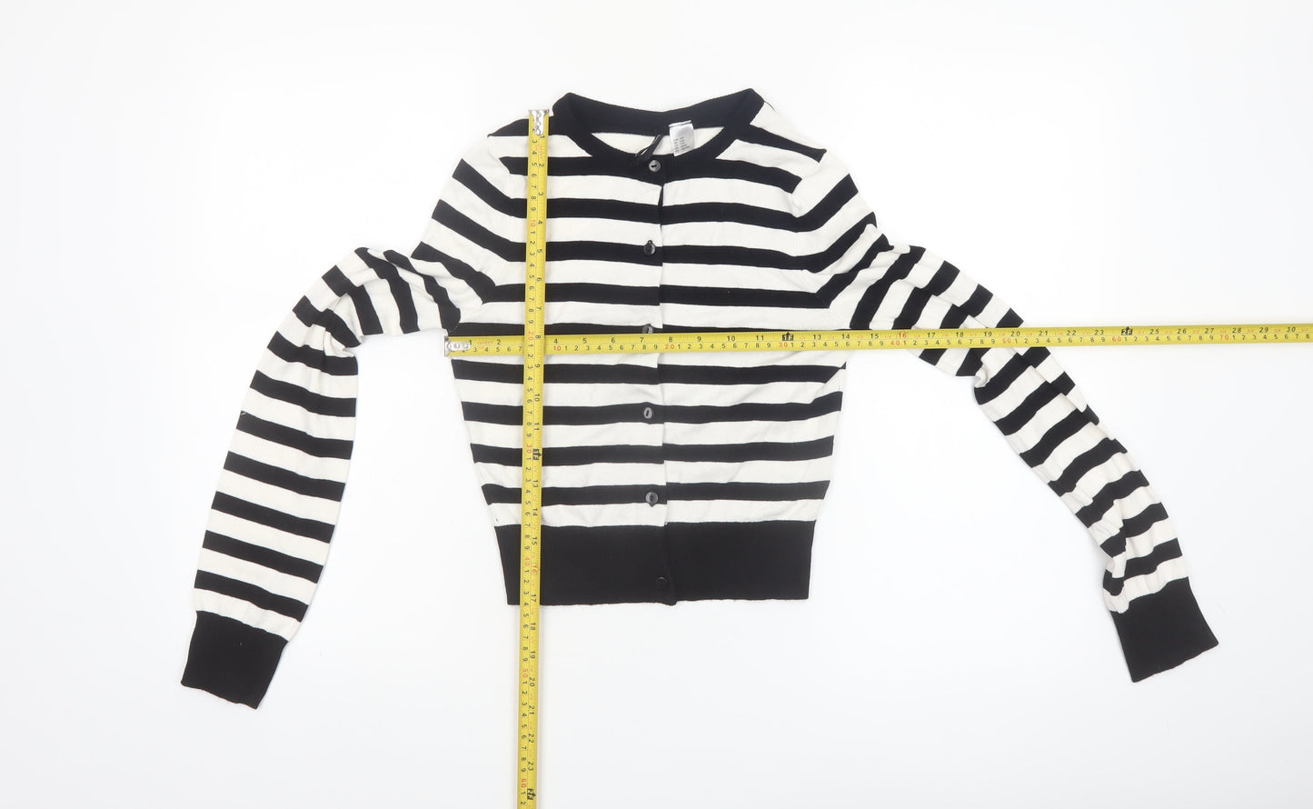 H&M Divided Womens Black White Striped Cardigan XXS Crew Neck