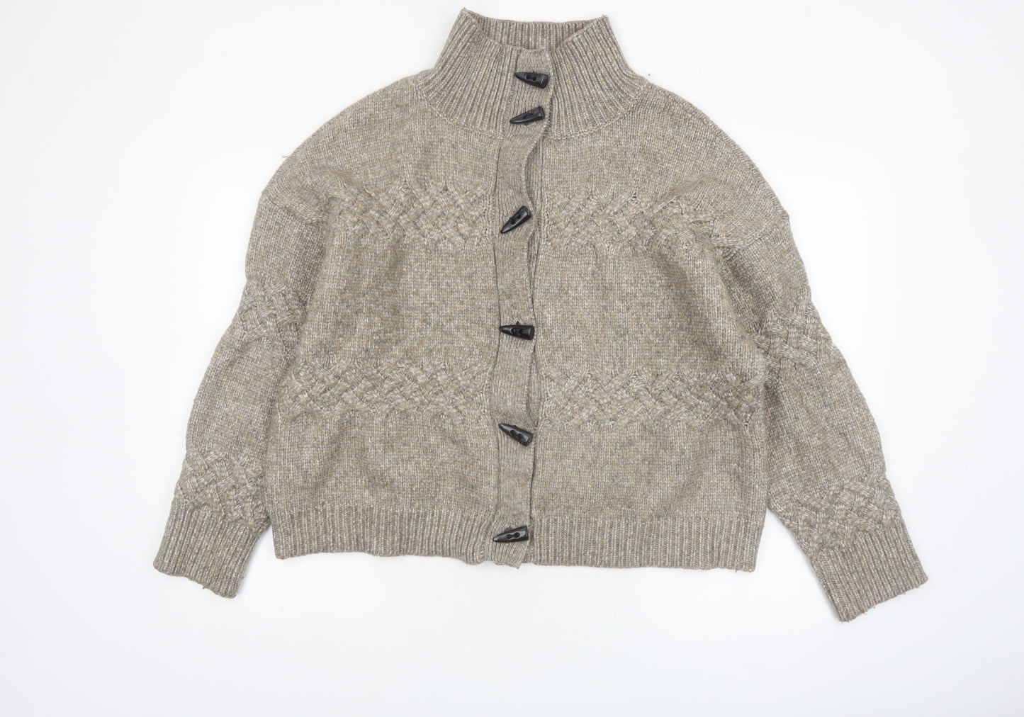 Cyrus Womens Beige Cable-Knit High Neck Button Cardigan Medium