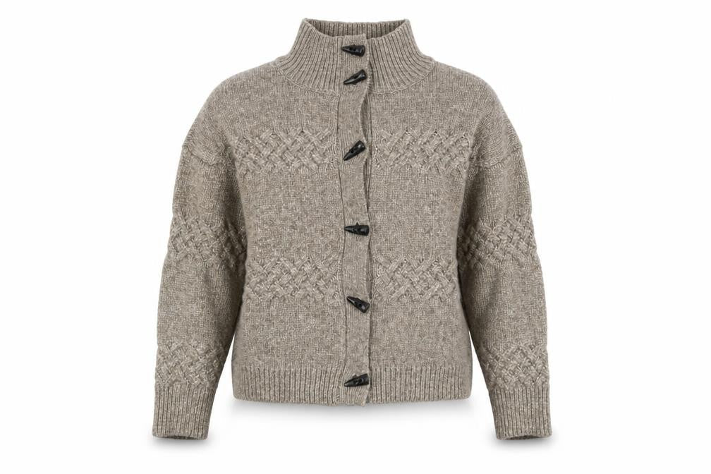 Cyrus Womens Beige Cable-Knit High Neck Button Cardigan Medium