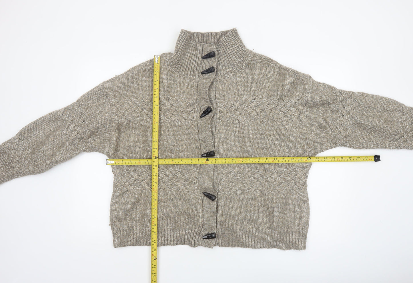 Cyrus Womens Beige Cable-Knit High Neck Button Cardigan Medium