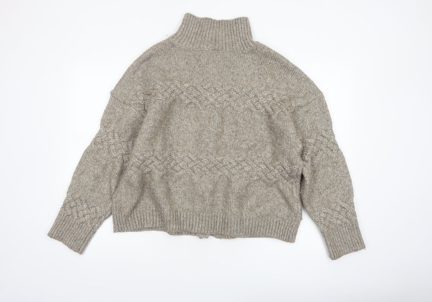 Cyrus Womens Beige Cable-Knit High Neck Button Cardigan Medium