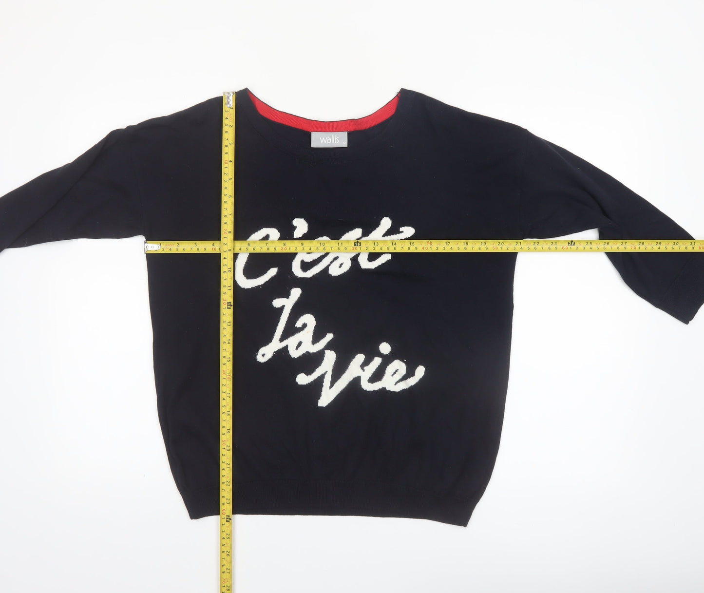 Wallis Women Black 'C'est La Vie' Knit Jumper M 3/4 Sleeve