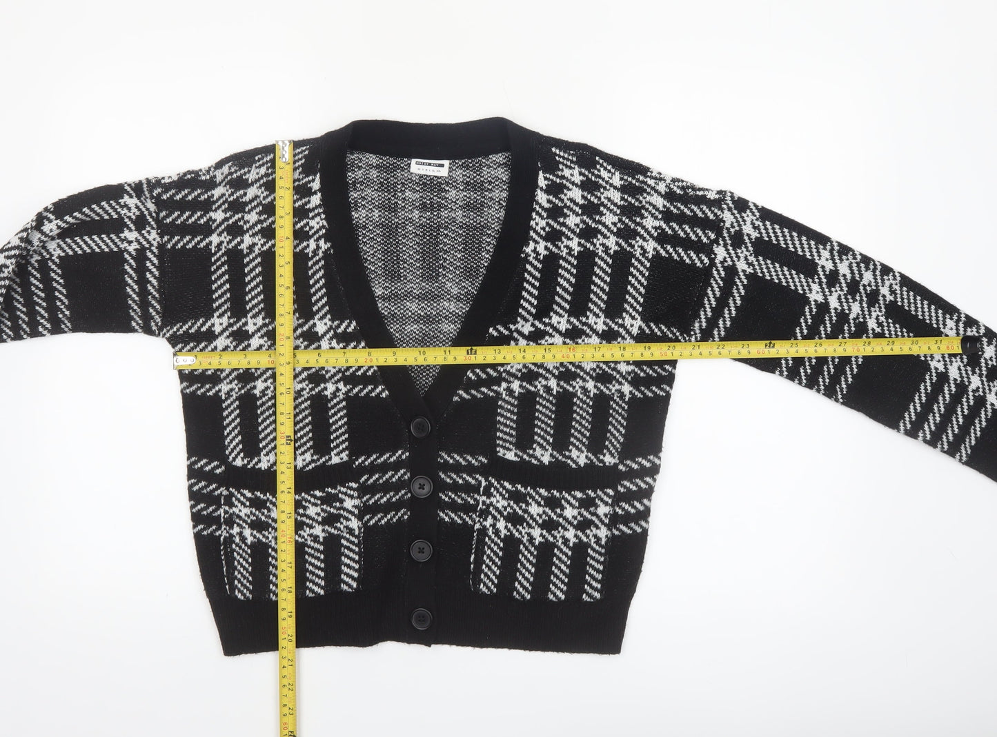 Noisy May Women’s Black Check Cardigan Size M V-Neck Knit