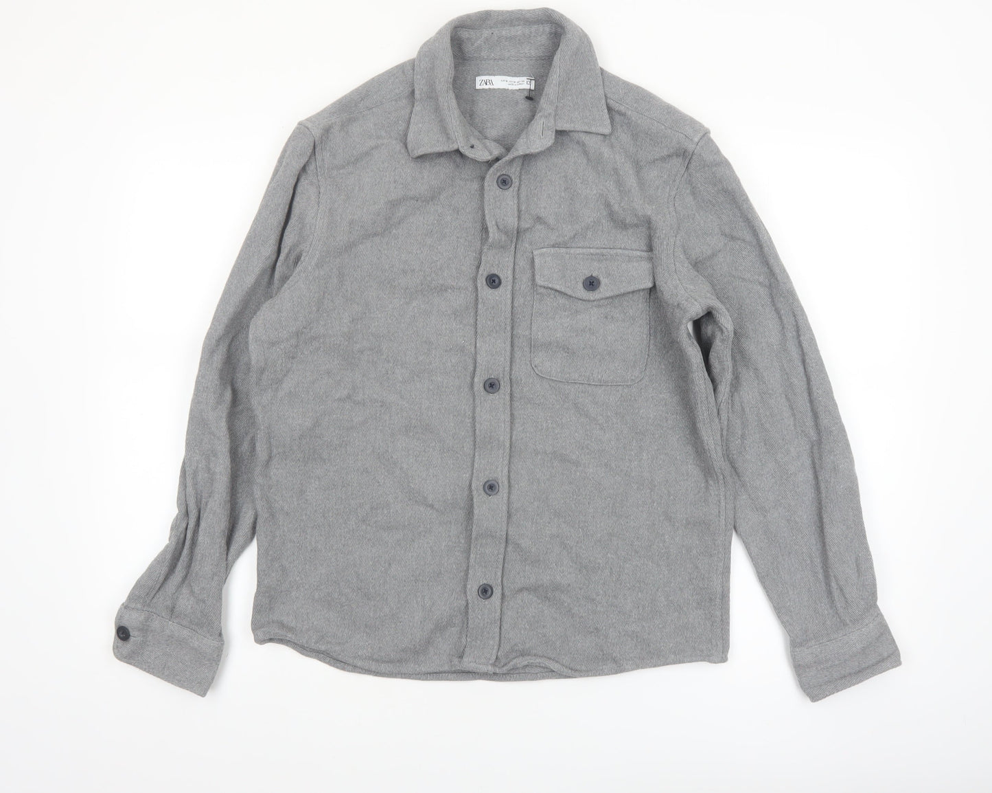 ZARA Women Grey Cotton Flannel Long Sleeve Button-Up Shirt Size 12