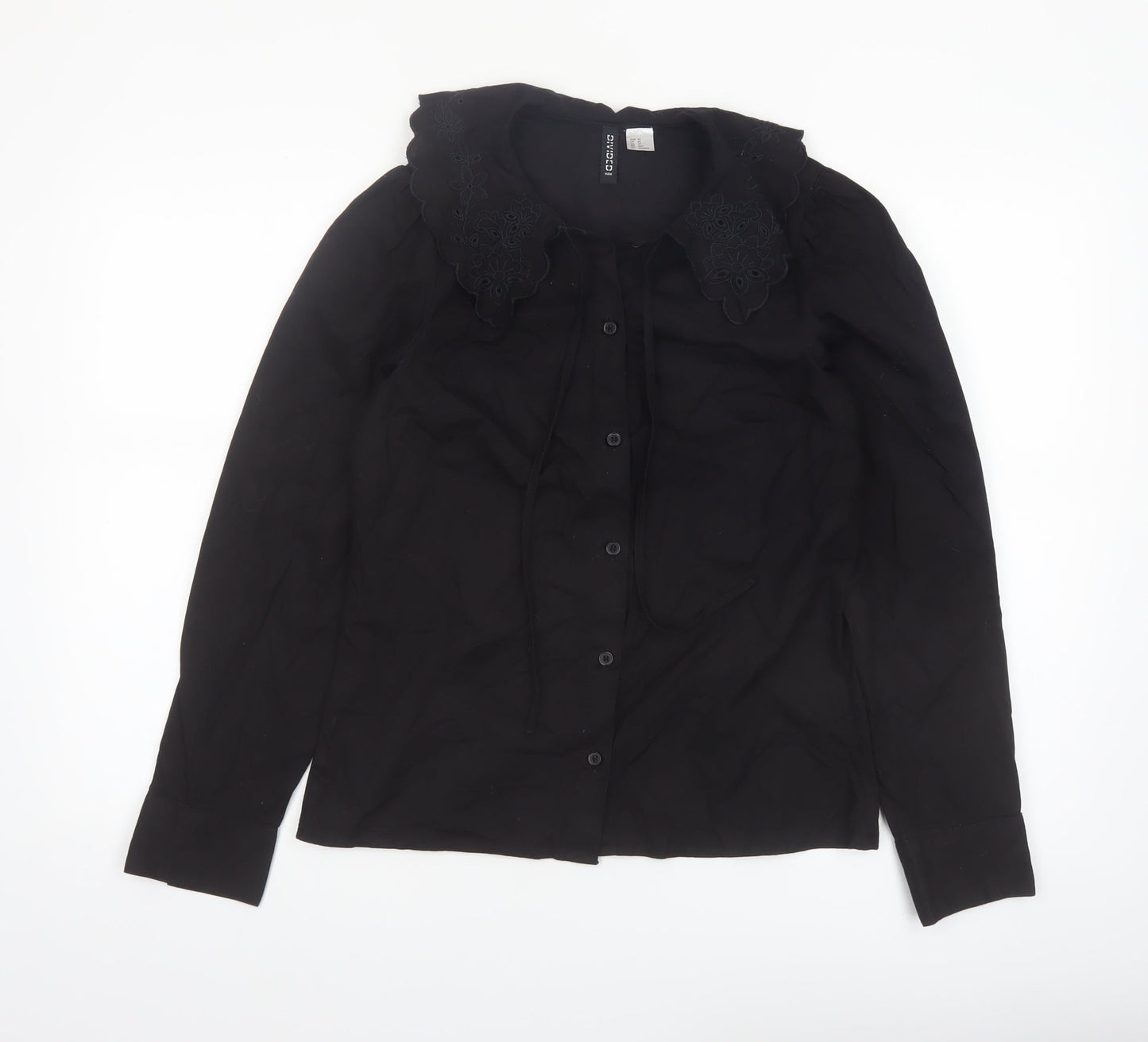 H&M Divided Women’s Black Cotton Embroidered Collar Long Sleeve Blouse XS