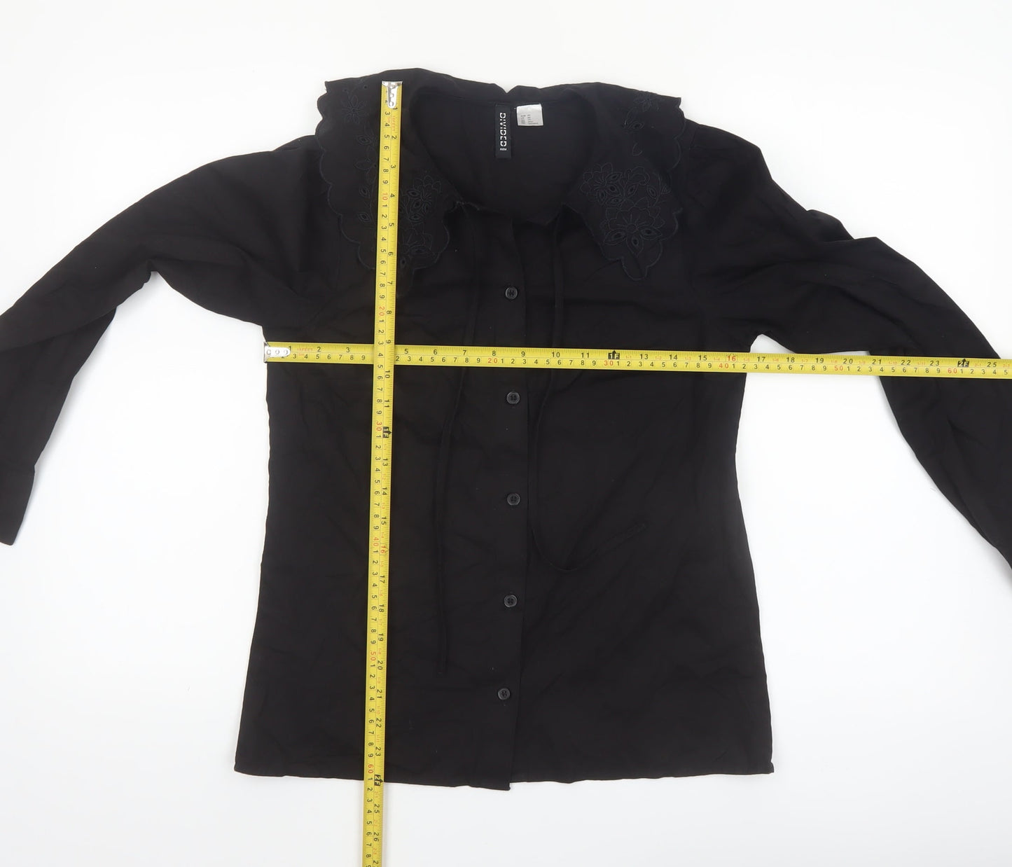 H&M Divided Women’s Black Cotton Embroidered Collar Long Sleeve Blouse XS