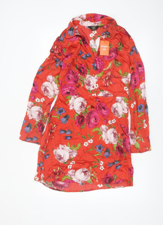 Superdry Womens Red Floral Shirt Dress UK 10 Viscose Casual Spring