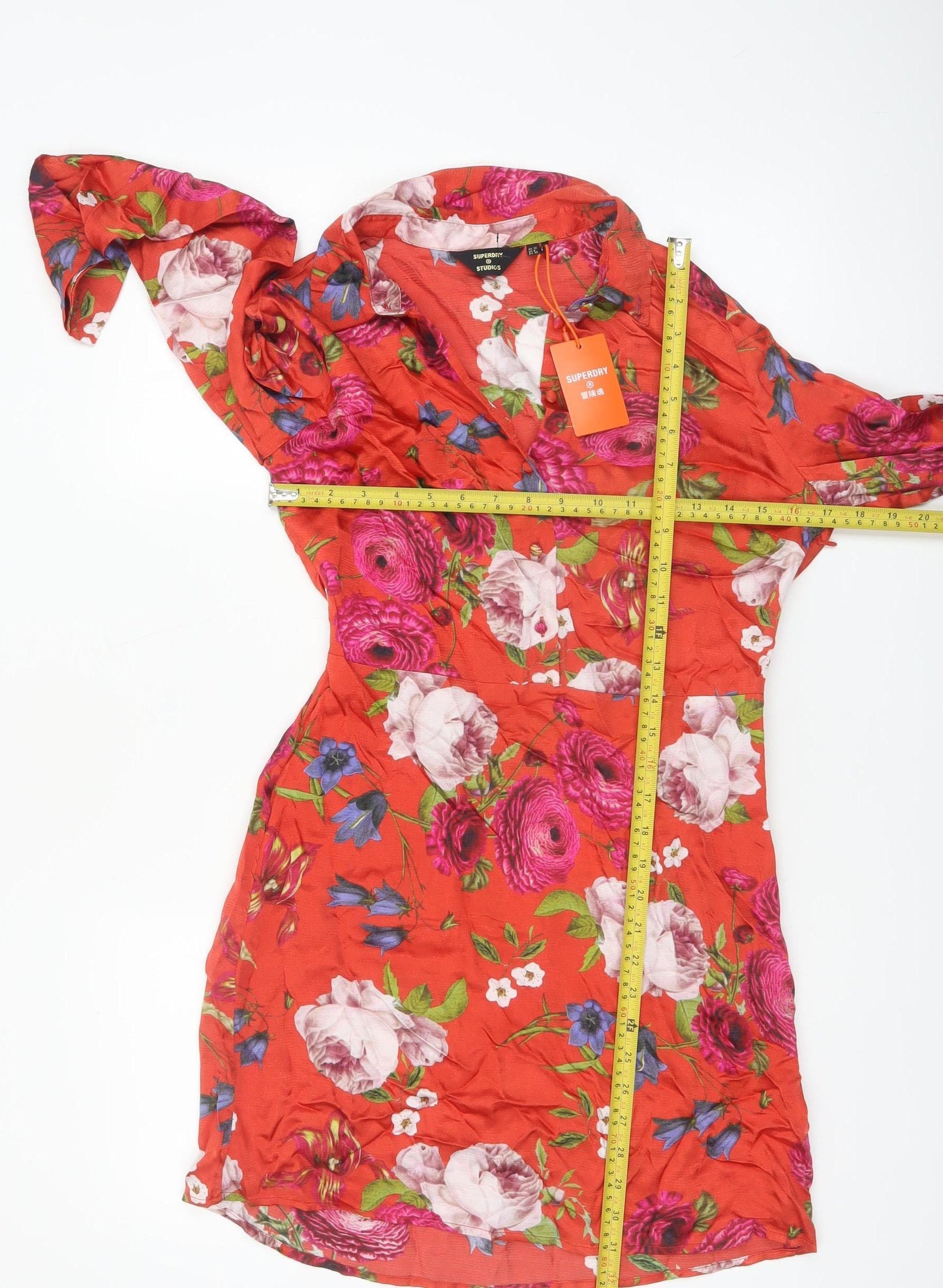 Superdry Womens Red Floral Shirt Dress UK 10 Viscose Casual Spring