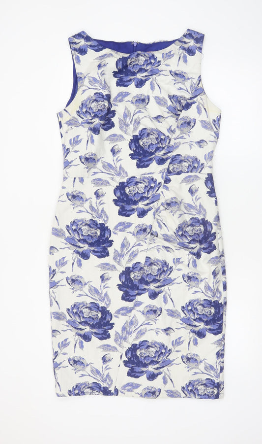 Phase Eight Women’s Blue Floral Sheath Dress Size 16 Sleeveless Knee Length