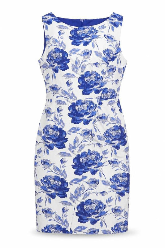 Phase Eight Women’s Blue Floral Sheath Dress Size 16 Sleeveless Knee Length