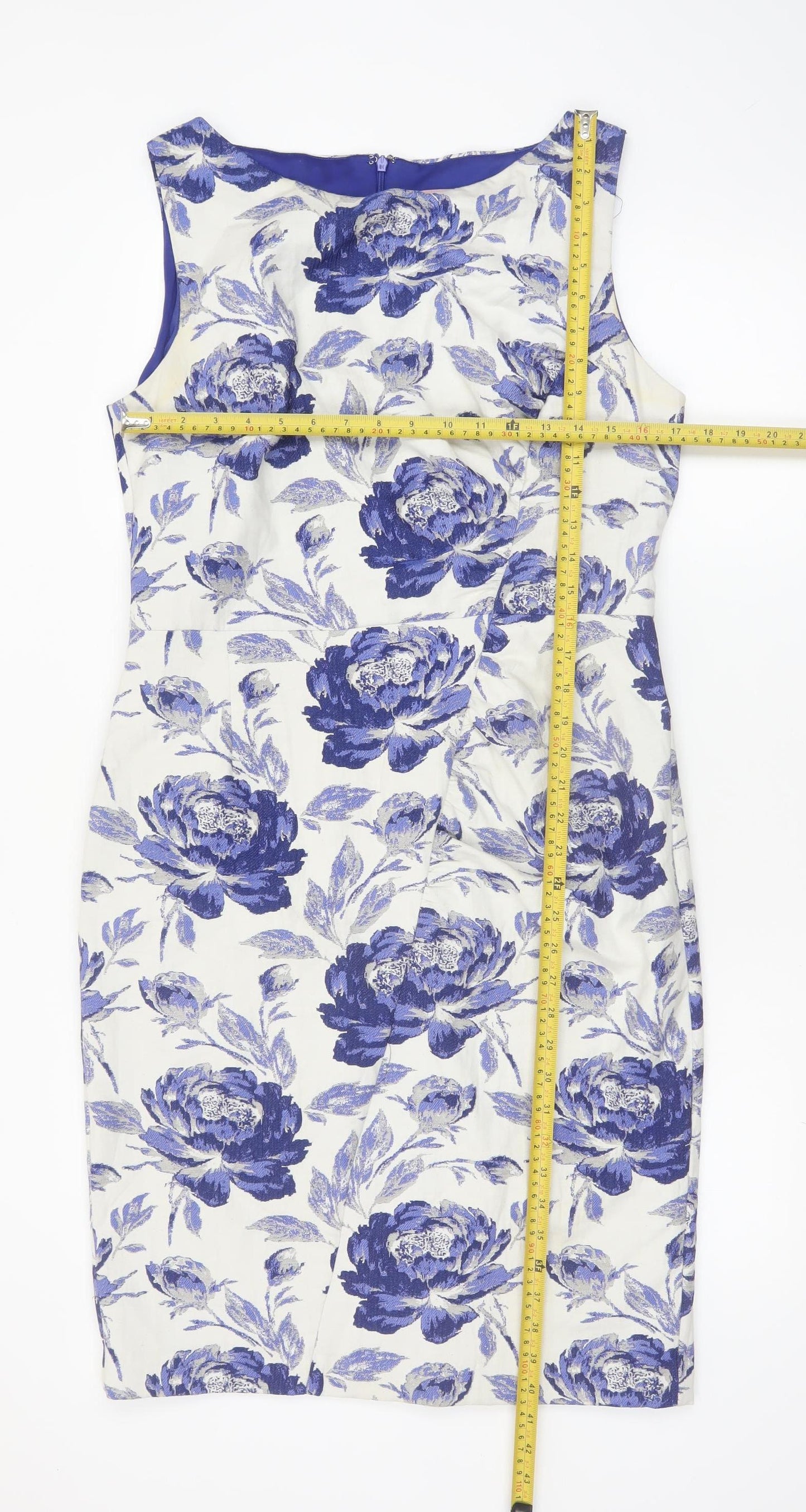 Phase Eight Women’s Blue Floral Sheath Dress Size 16 Sleeveless Knee Length