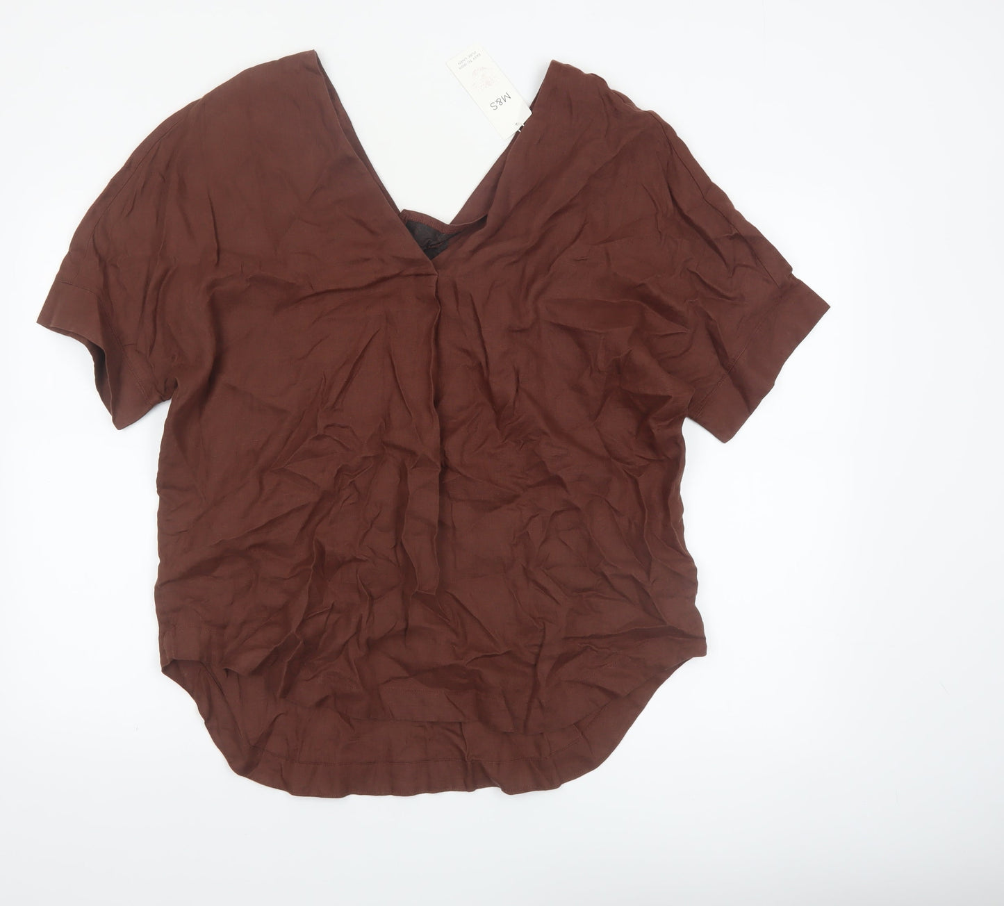 Marks and Spencer Women's Brown Pure Linen V-Neck Short Sleeve Blouse Size 14