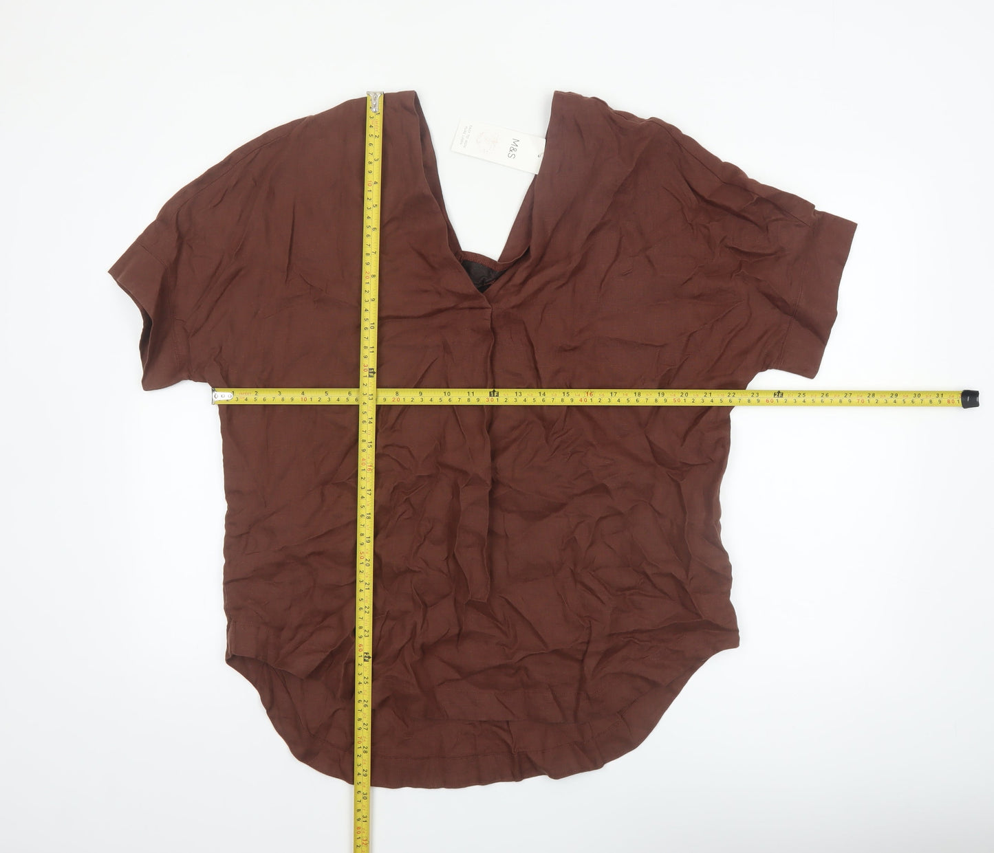 Marks and Spencer Women's Brown Pure Linen V-Neck Short Sleeve Blouse Size 14