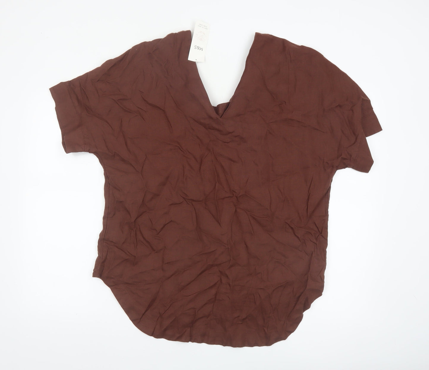 Marks and Spencer Women's Brown Pure Linen V-Neck Short Sleeve Blouse Size 14