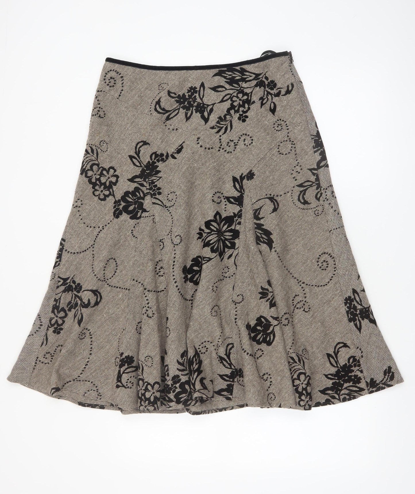 Monsoon Women Beige Floral A-Line Midi Skirt Size 12 Wool Blend