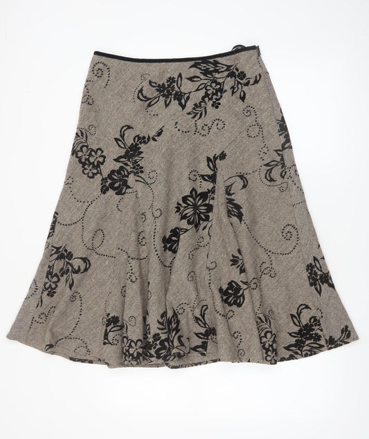Monsoon Women Beige Floral A-Line Midi Skirt Size 12 Wool Blend