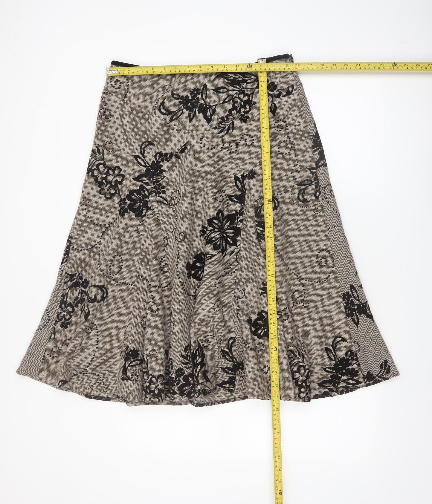 Monsoon Women Beige Floral A-Line Midi Skirt Size 12 Wool Blend