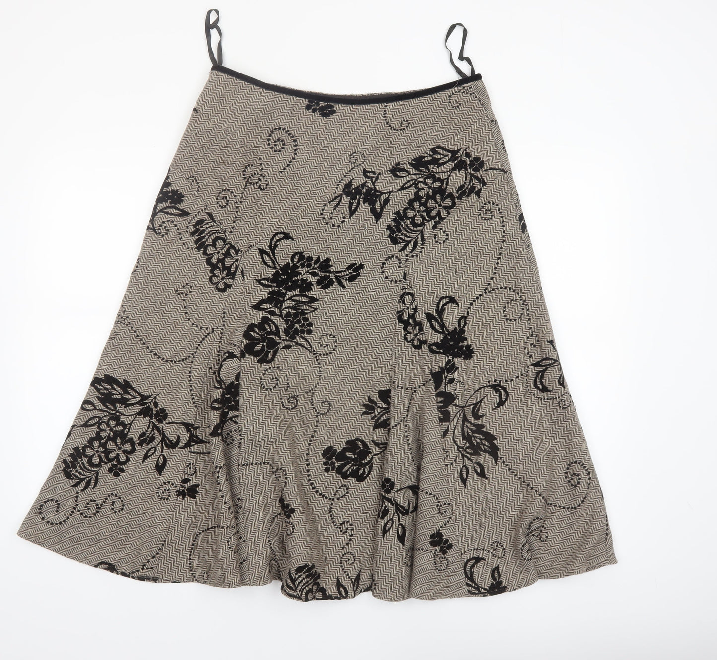 Monsoon Women Beige Floral A-Line Midi Skirt Size 12 Wool Blend