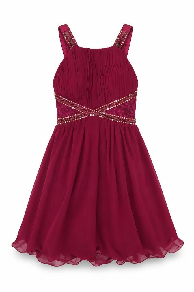 Little Mistress Women's Red Halter Beaded A-Line Chiffon Dress UK 10