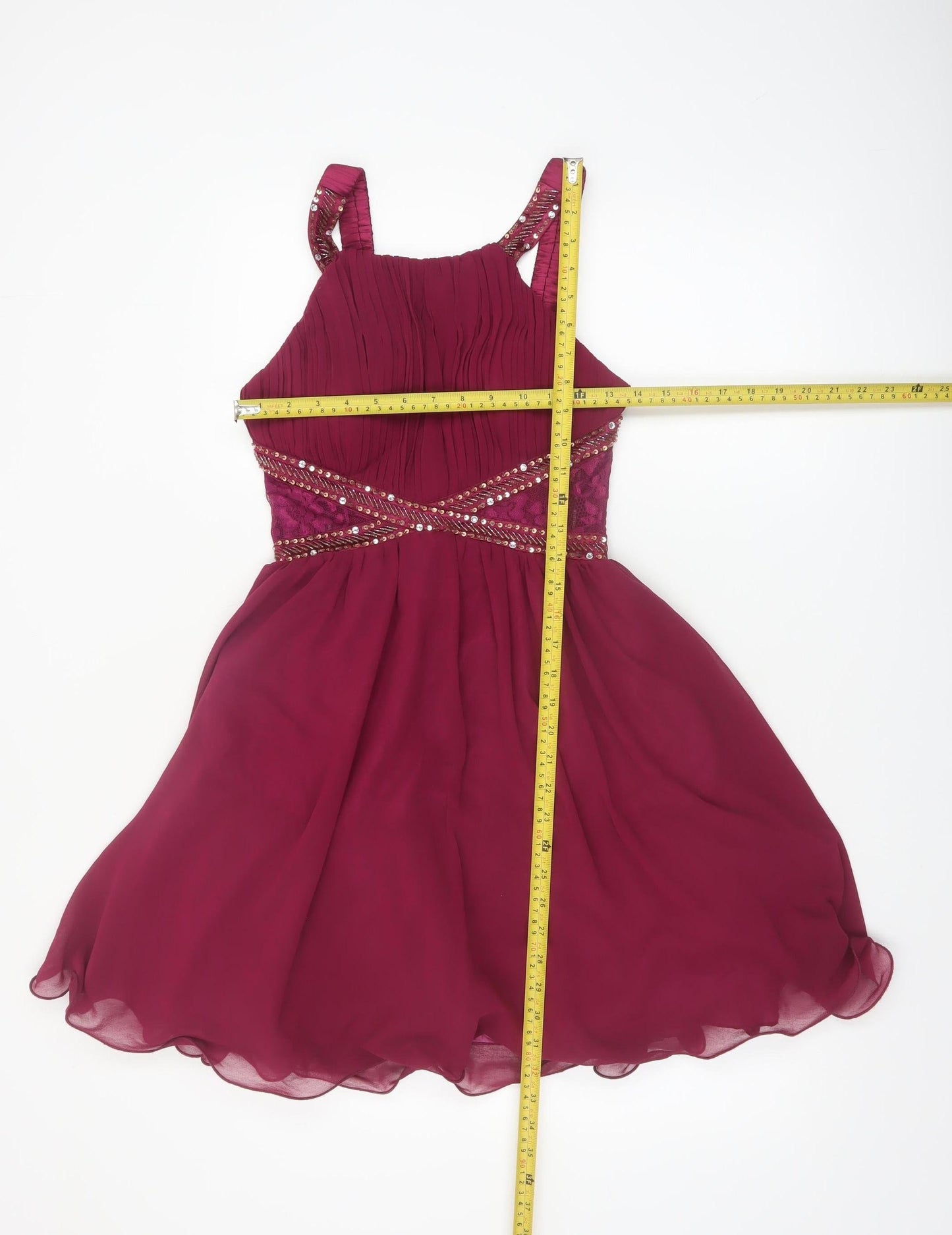 Little Mistress Women's Red Halter Beaded A-Line Chiffon Dress UK 10